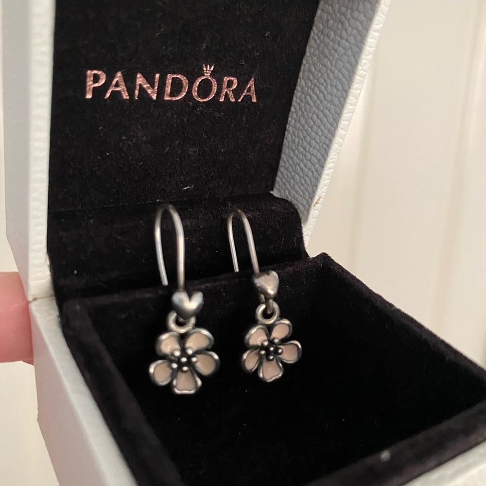Pandora jewelry dangling peach blossom flowers earring